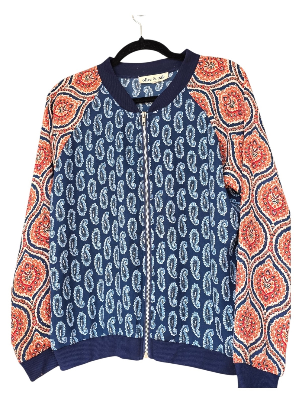 Olive & Oak Navy Bomber Jacket with Orange Printed Sleeves